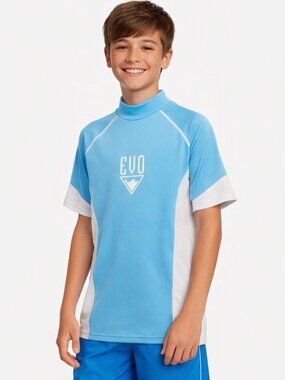 Evo Boys Rashguard Sun Shirt UPF 30 Short Sleeve White Blue Size L (14-16) New
